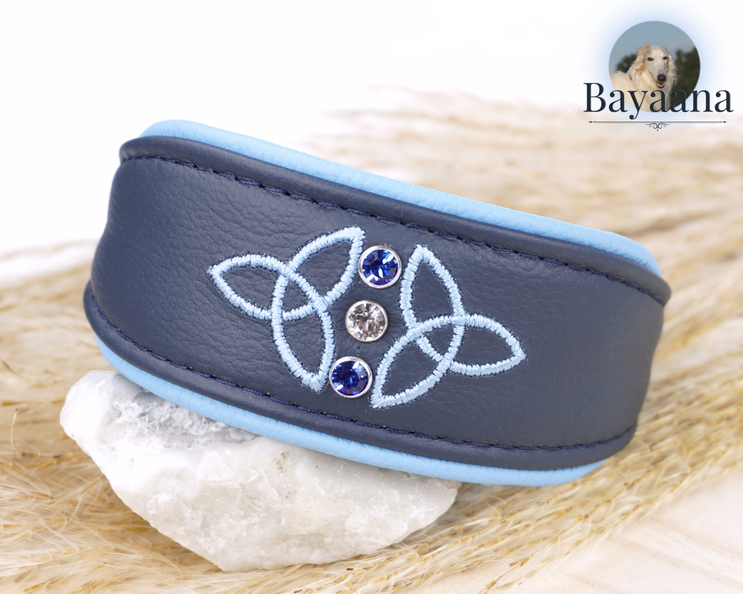Embroidered Sighthound Collar with rhinestone in blue