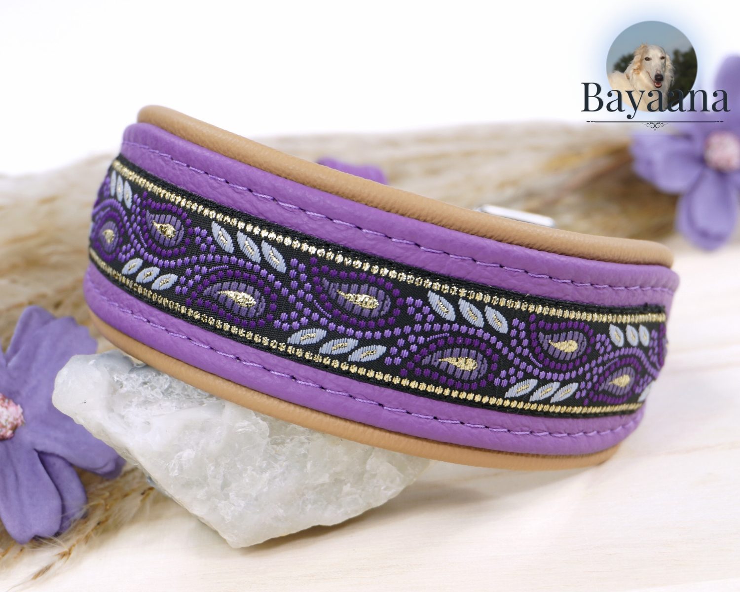 Delicate Sighthound Collar made of leather in purple and light brown